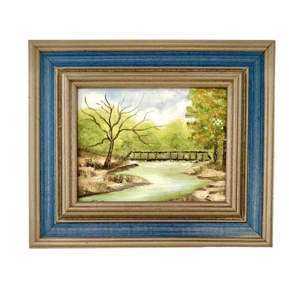 Painting Bridge on River Miniature Oil on Board Landscape Scenery Vintage Art